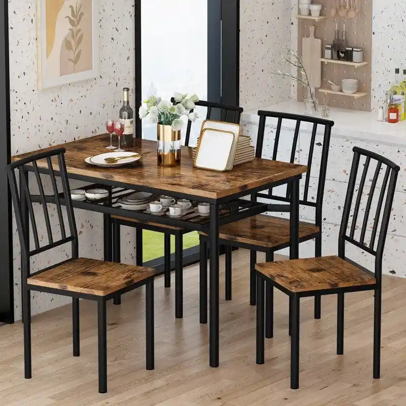 Set da Pranzo Moderno Industriale per 4 Persone, Tavolo e Sedie da Cucina in Legno da 5 Pezzi, Set Tavolo da Pranzo con Scaffale