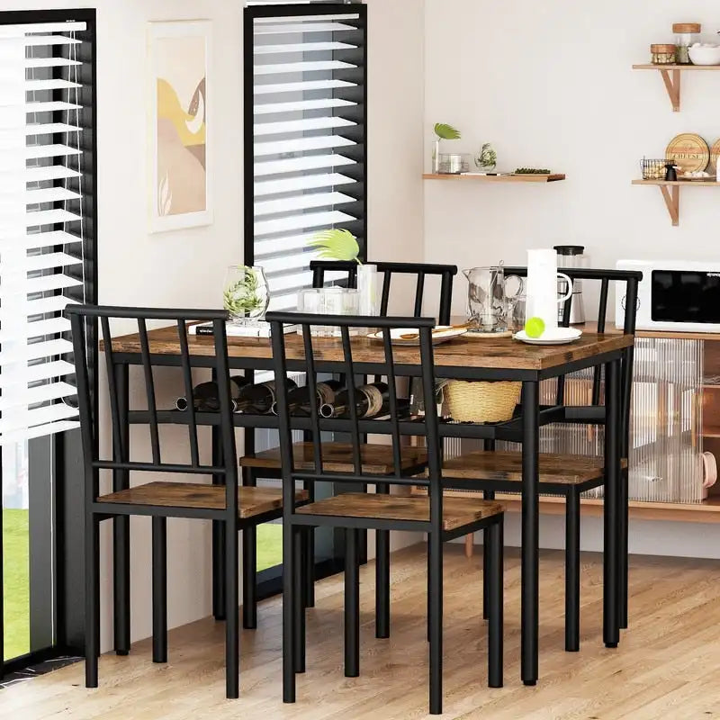 Set da Pranzo Moderno Industriale per 4 Persone, Tavolo e Sedie da Cucina in Legno da 5 Pezzi, Set Tavolo da Pranzo con Scaffale