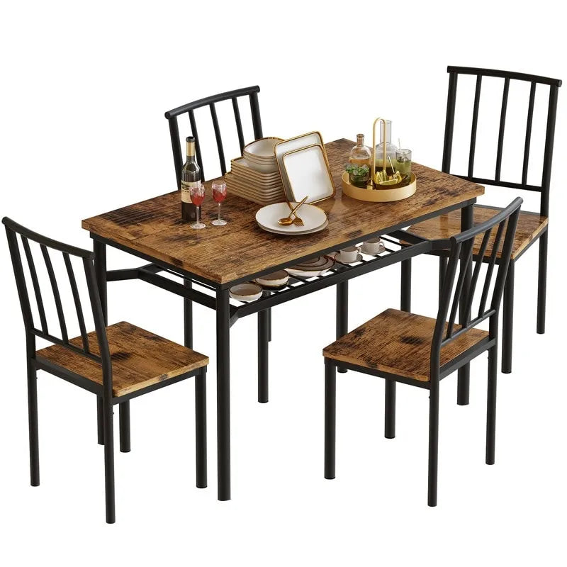 Set da Pranzo Moderno Industriale per 4 Persone, Tavolo e Sedie da Cucina in Legno da 5 Pezzi, Set Tavolo da Pranzo con Scaffale