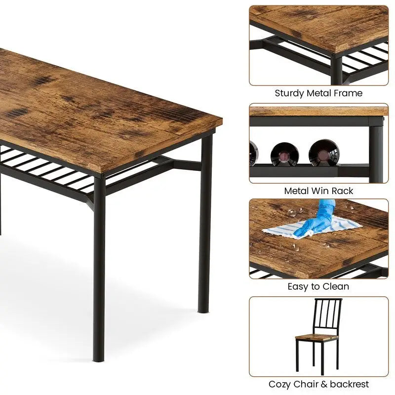 Set da Pranzo Moderno Industriale per 4 Persone, Tavolo e Sedie da Cucina in Legno da 5 Pezzi, Set Tavolo da Pranzo con Scaffale