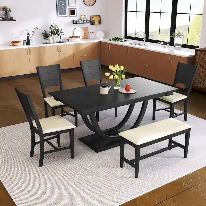 Set da pranzo da 6 pezzi in legno semicircolare con panca lunga e 4 sedie da pranzo, stile moderno, grigio
