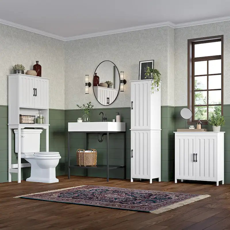 RiverRidge Monroe Tall Bathroom Storage Linen Cabinet and Organizer with Doors and Adjustable Shelves - White