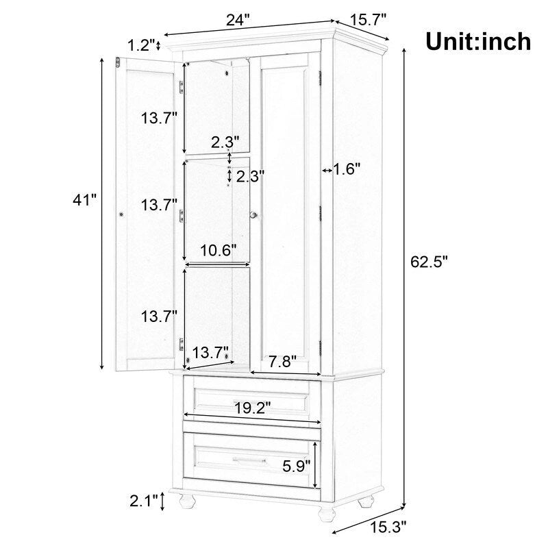 White Tall Kitchen Storage Cabinet with Two Drawers for Bathroom,Office