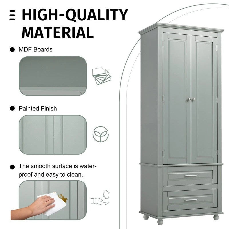 White Tall Kitchen Storage Cabinet with Two Drawers for Bathroom,Office