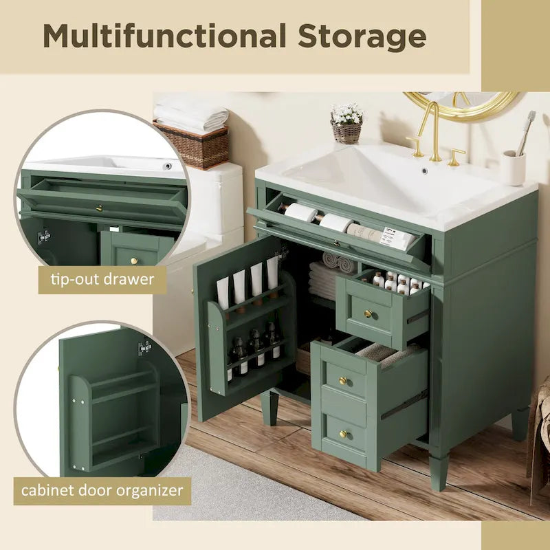 30 Bathroom Vanity with Top Sink,Bathroom Storage Cabinet with 2 Drawers and a Tip-out Drawer,Single Sink Bathroom Vanity