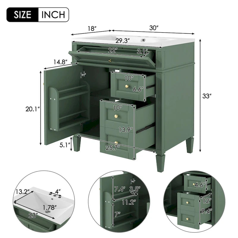 30 Bathroom Vanity with Top Sink,Bathroom Storage Cabinet with 2 Drawers and a Tip-out Drawer,Single Sink Bathroom Vanity