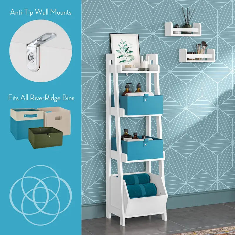 RiverRidge Amery 4-Tier 13in Ladder Shelf with Display Shelf and Storage Organizer Bin - White
