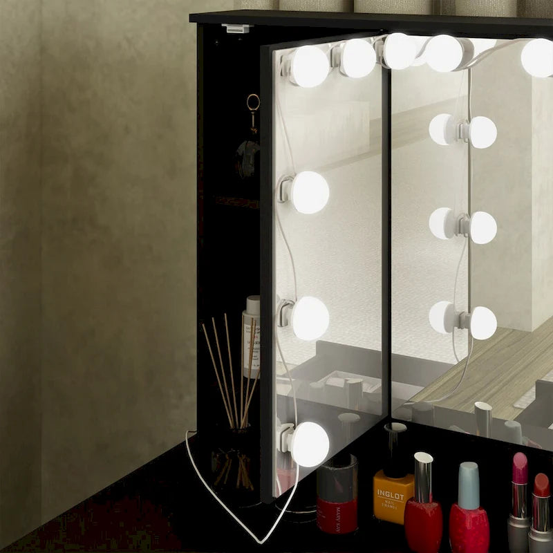 3-Mirror Vanity Table Stylish 9-Drawer Makeup Organizer Dressing Desk