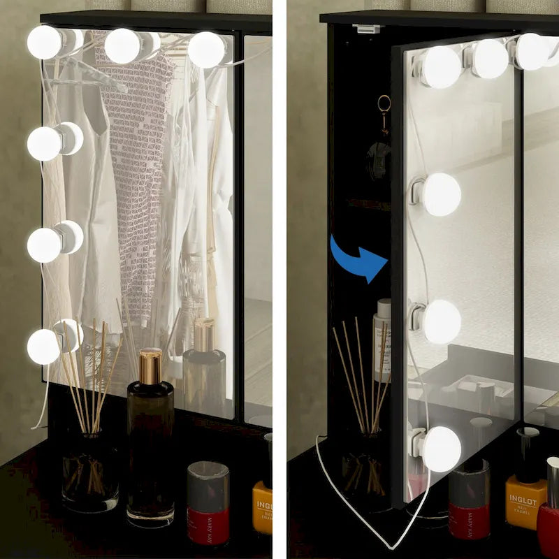 3-Mirror Vanity Table Stylish 9-Drawer Makeup Organizer Dressing Desk