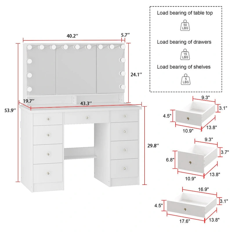 3-Mirror Vanity Table Stylish 9-Drawer Makeup Organizer Dressing Desk
