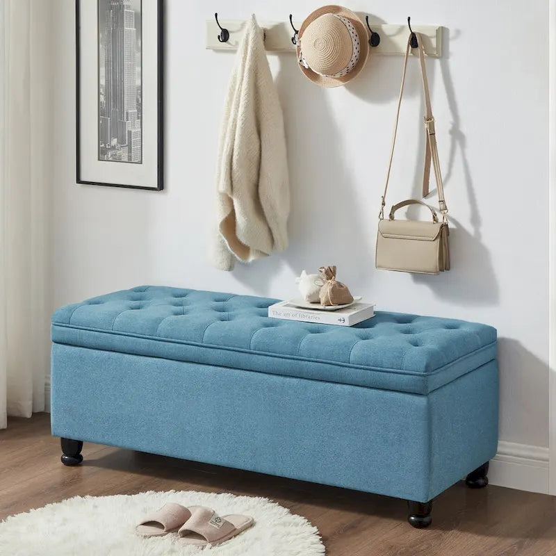 Upholstered tufted button storage bench
