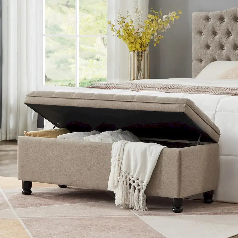 Upholstered tufted button storage bench