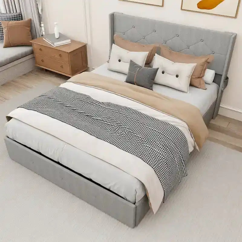 Full Size Bed Frame with Gas Lift Storage Bed and USB Ports