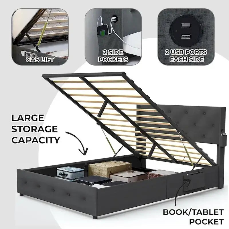 Full Size Bed Frame with Gas Lift Storage Bed and USB Ports