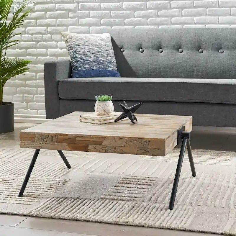 Mango Wood Coffee Table, Modern Industrial Design, With Wooden Tabletop And Metal Legs