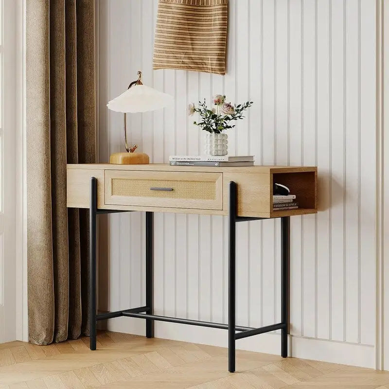 Console Table, Sofa Tables Rattan Entryway Table with Storage Drawer