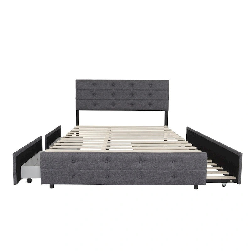 Queen Size Upholstered Linen Fabric Trundle bed