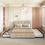 Queen Size Upholstered Linen Fabric Trundle bed