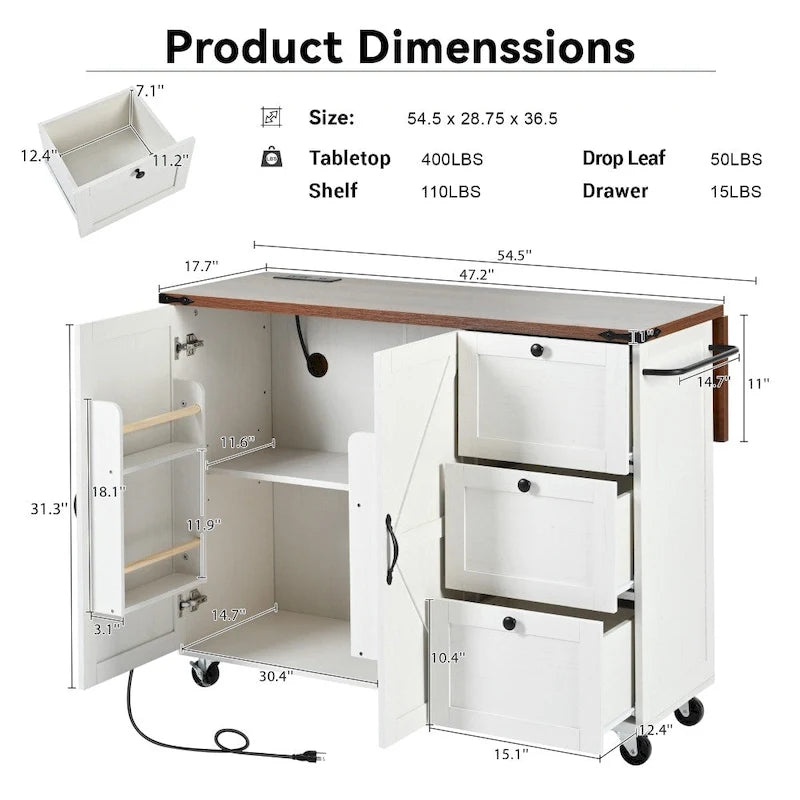 54.5 Kitchen Island with Power Outlet and Drop Leaf for Kitchen