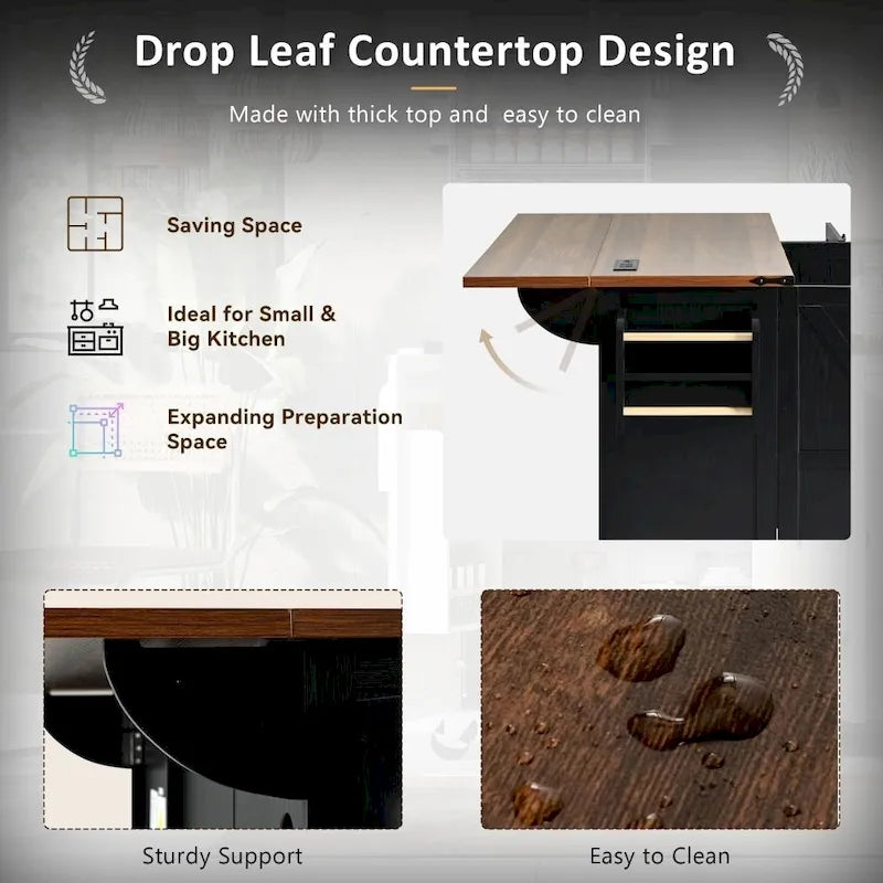 54.5 Kitchen Island with Power Outlet and Drop Leaf for Kitchen