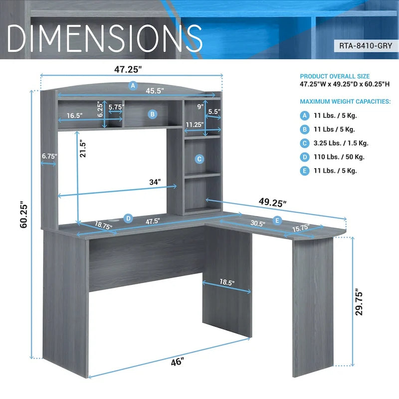 Techni Mobili Modern L-Shaped Desk with Hutch Grey