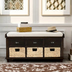 Rustic Storage Bench with 3 Drawers and 3 Rattan Baskets, Shoe Bench for Living Room, Entryway