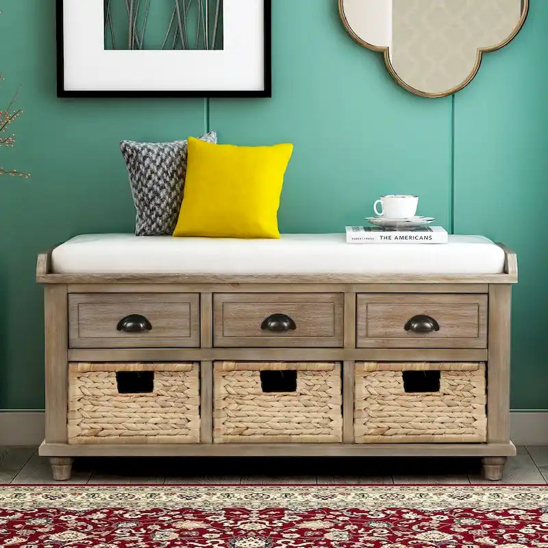 Rustic Storage Bench with 3 Drawers and 3 Rattan Baskets, Shoe Bench for Living Room, Entryway