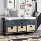 Rustic Storage Bench with 3 Drawers and 3 Rattan Baskets, Shoe Bench for Living Room, Entryway