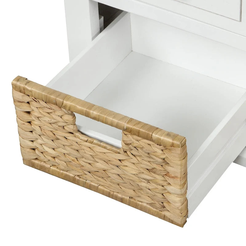 Rustic Storage Bench with 3 Drawers and 3 Rattan Baskets, Shoe Bench for Living Room, Entryway