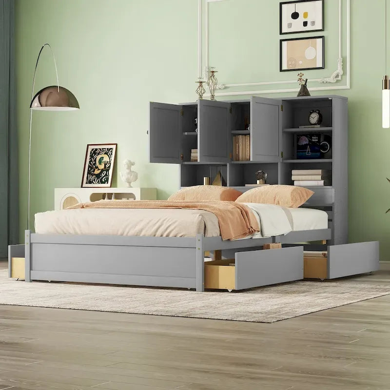 Letto a piattaforma Queen Size con testiera contenitore e 4 cassetti