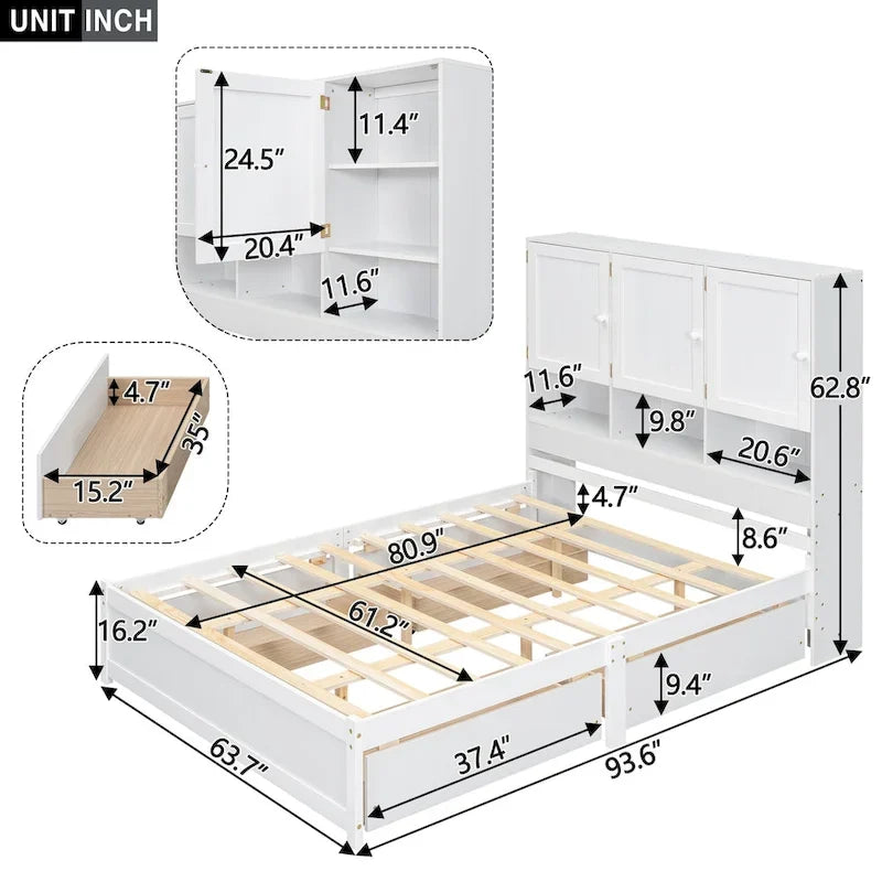 Letto a piattaforma Queen Size con testiera contenitore e 4 cassetti