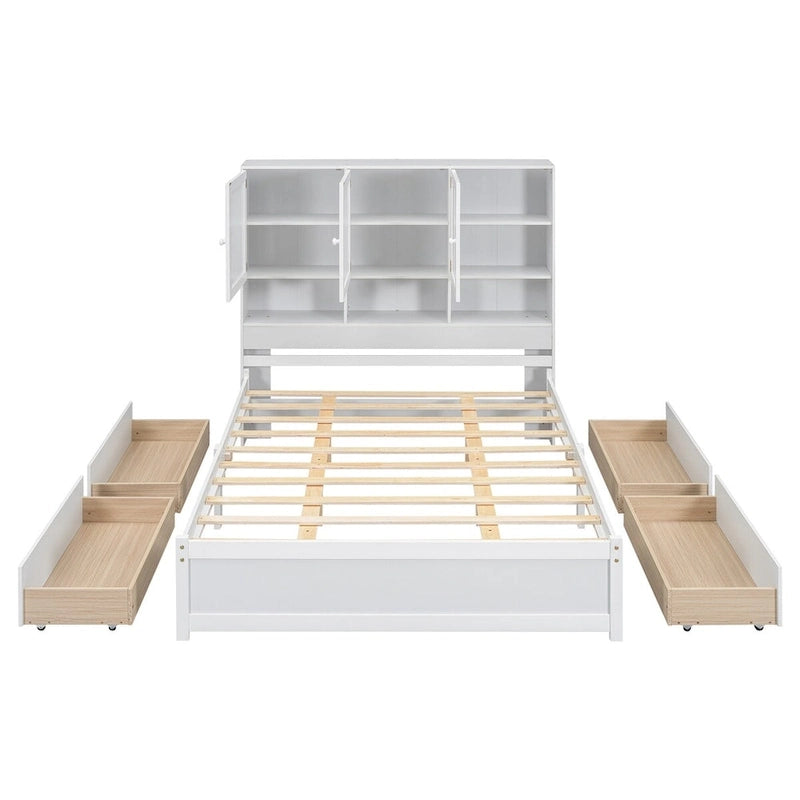Letto a piattaforma Queen Size con testiera contenitore e 4 cassetti