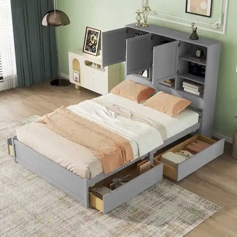Letto a piattaforma Queen Size con testiera contenitore e 4 cassetti