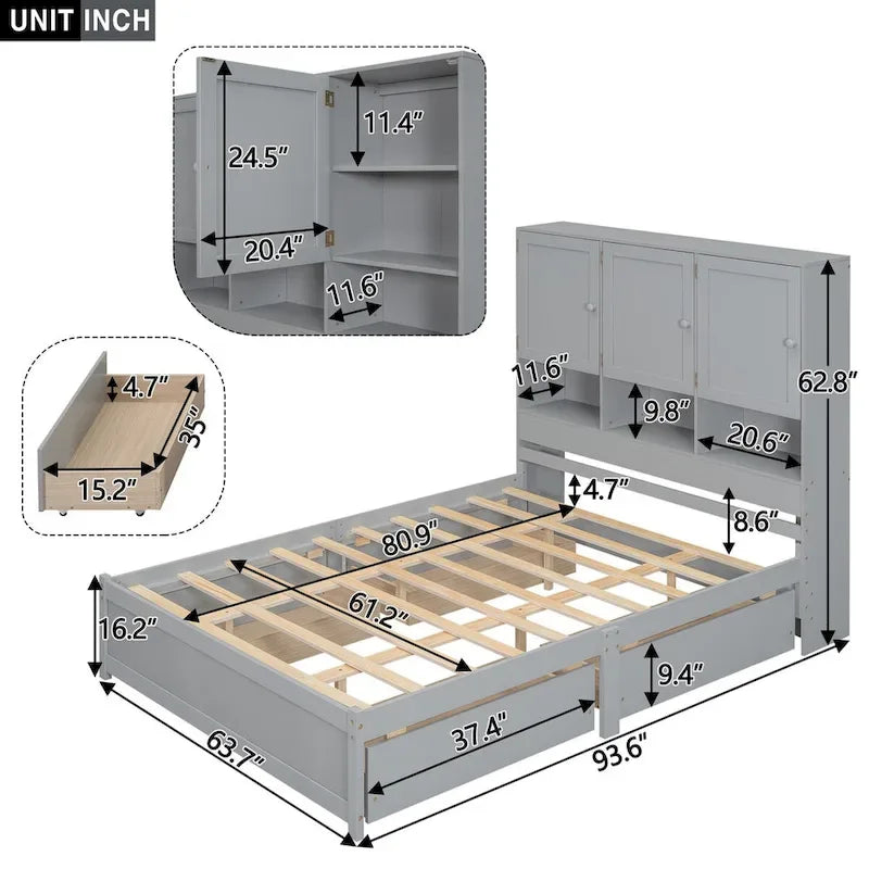 Letto a piattaforma Queen Size con testiera contenitore e 4 cassetti