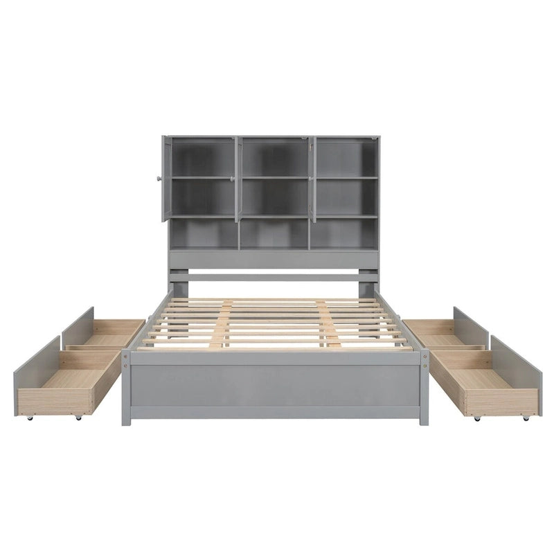 Letto a piattaforma Queen Size con testiera contenitore e 4 cassetti