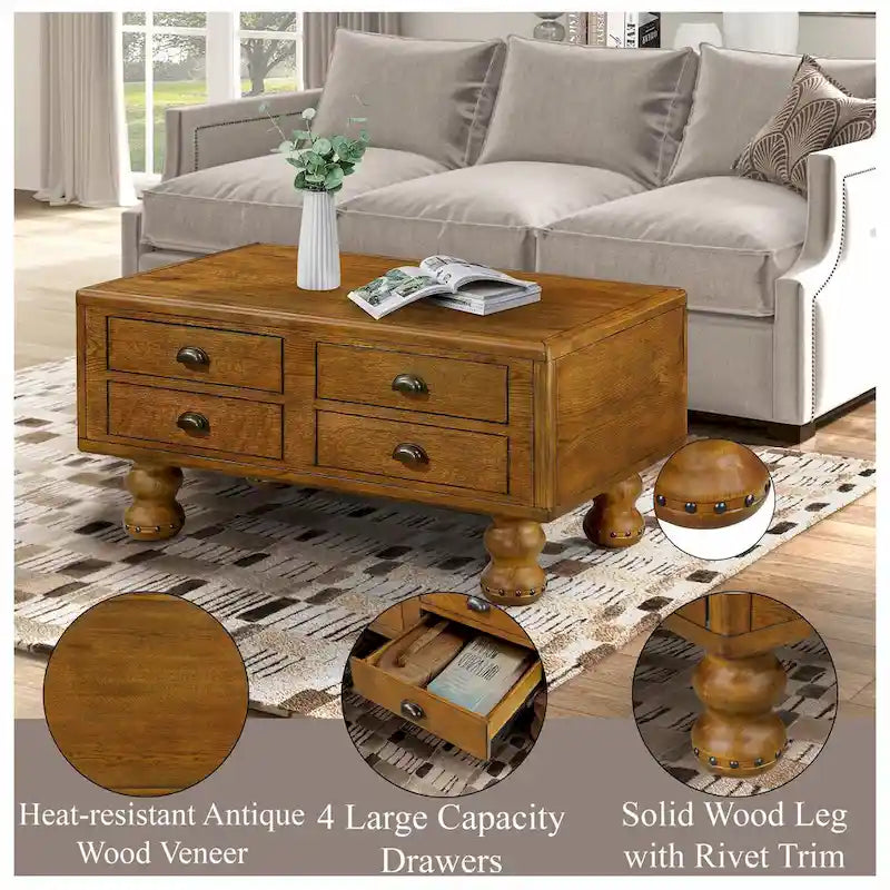 40 Solid Wood Rectangle Coffee Table with 4 Drawers