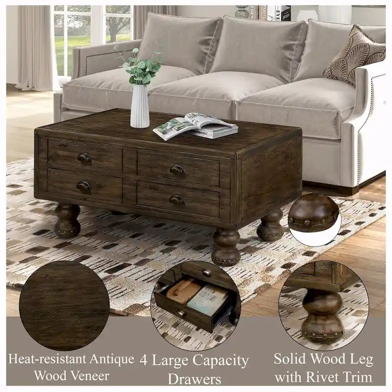 40 Solid Wood Rectangle Coffee Table with 4 Drawers