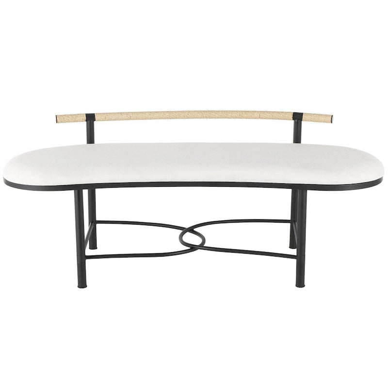 Metal Abstract Upholstered Oval Home Bench with Black Metal Frame and Rope Rod Backrest - White - Roche River Decor