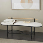 Metal Abstract Upholstered Oval Home Bench with Black Metal Frame and Rope Rod Backrest - White - Roche River Decor