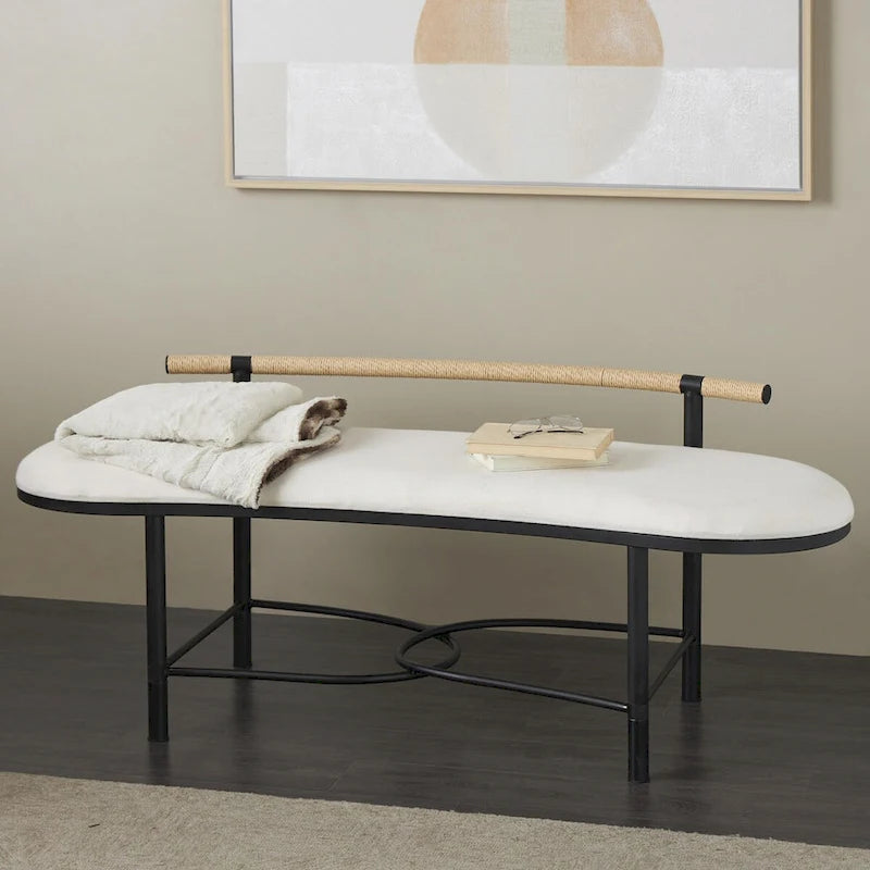Metal Abstract Upholstered Oval Home Bench with Black Metal Frame and Rope Rod Backrest - White - Roche River Decor