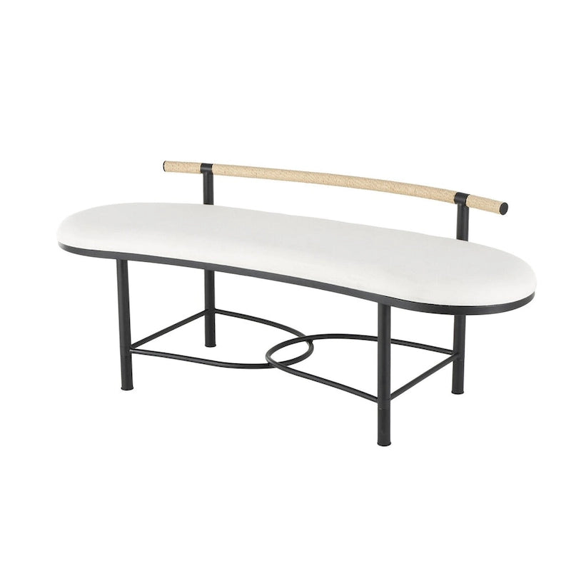 Metal Abstract Upholstered Oval Home Bench with Black Metal Frame and Rope Rod Backrest - White - Roche River Decor