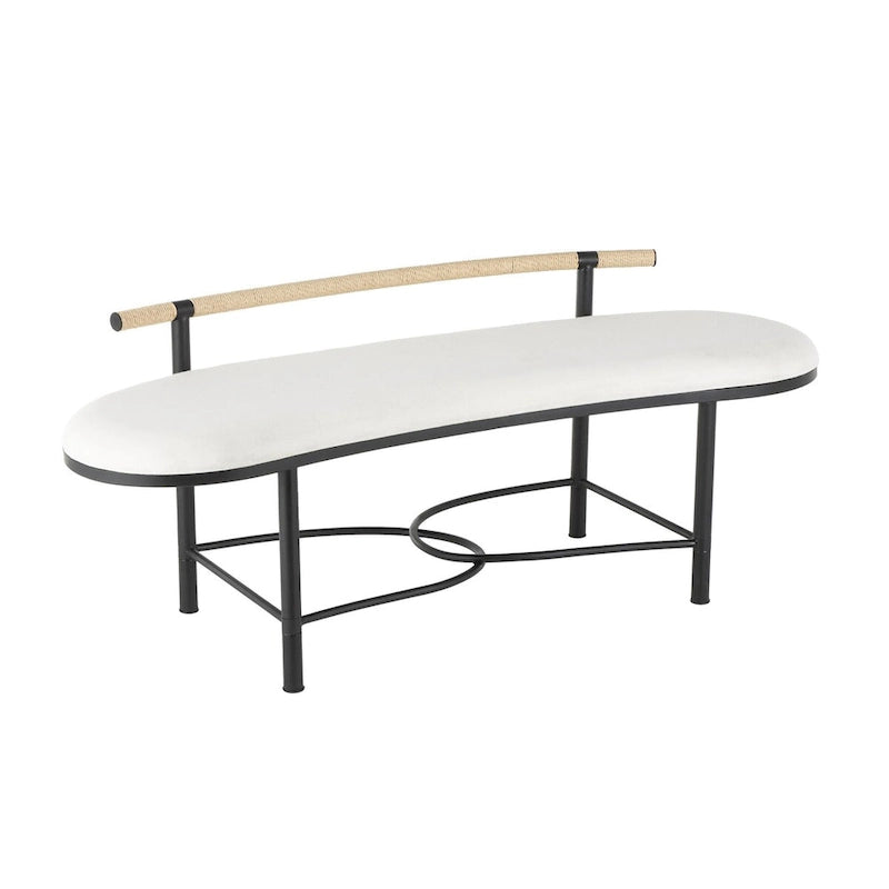 Metal Abstract Upholstered Oval Home Bench with Black Metal Frame and Rope Rod Backrest - White - Roche River Decor