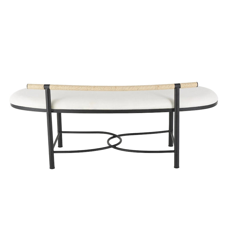Metal Abstract Upholstered Oval Home Bench with Black Metal Frame and Rope Rod Backrest - White - Roche River Decor