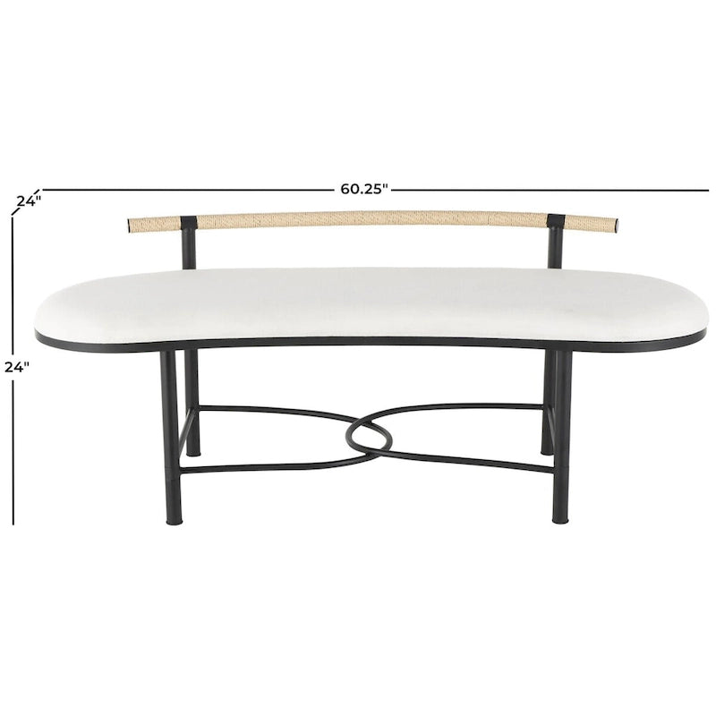 Metal Abstract Upholstered Oval Home Bench with Black Metal Frame and Rope Rod Backrest - White - Roche River Decor