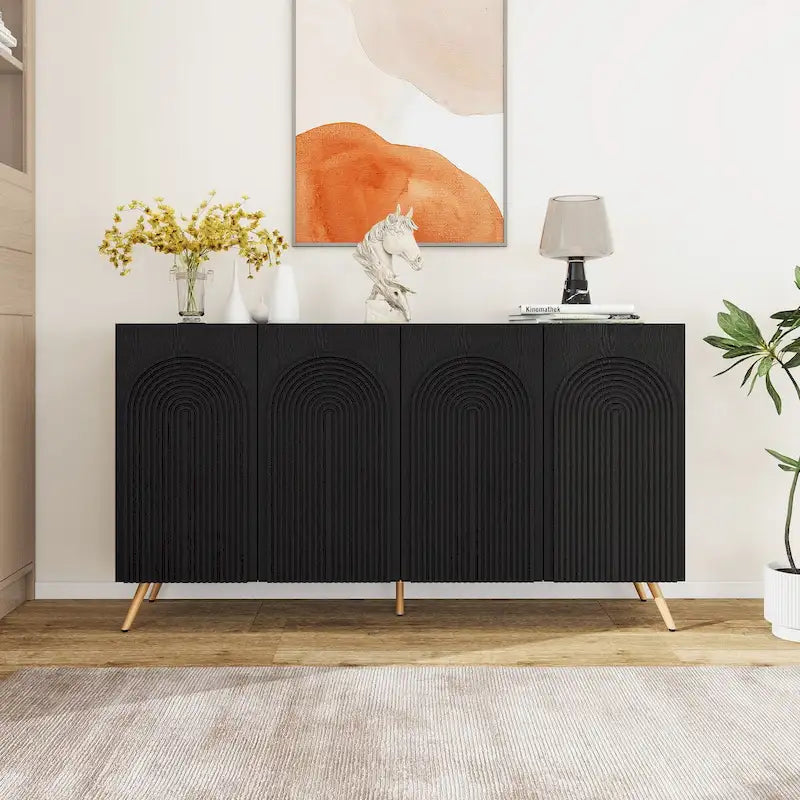 Black 4-Door Sideboard - 59" with 3D Arch Carved Doors