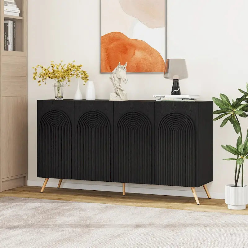 Black 4-Door Sideboard - 59" with 3D Arch Carved Doors