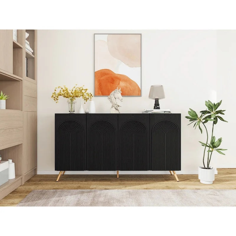 Black 4-Door Sideboard - 59" with 3D Arch Carved Doors