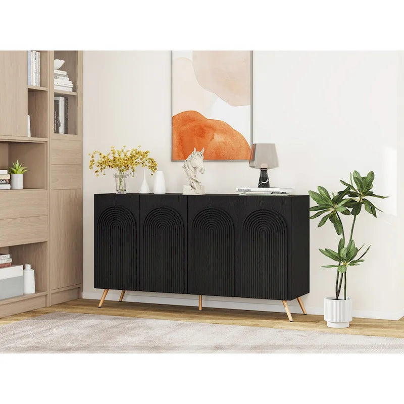 Black 4-Door Sideboard - 59" with 3D Arch Carved Doors