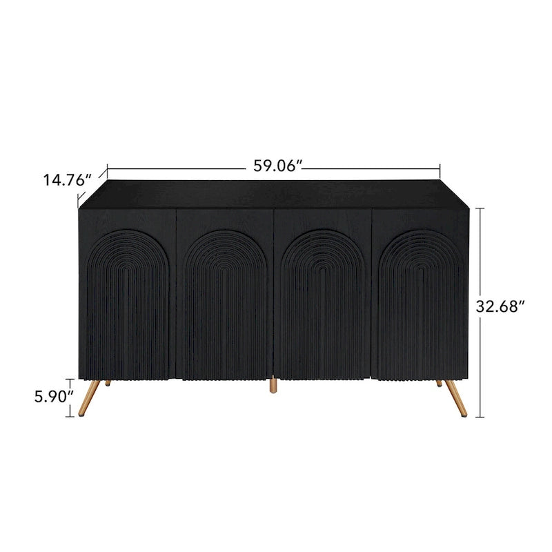 Black 4-Door Sideboard - 59" with 3D Arch Carved Doors