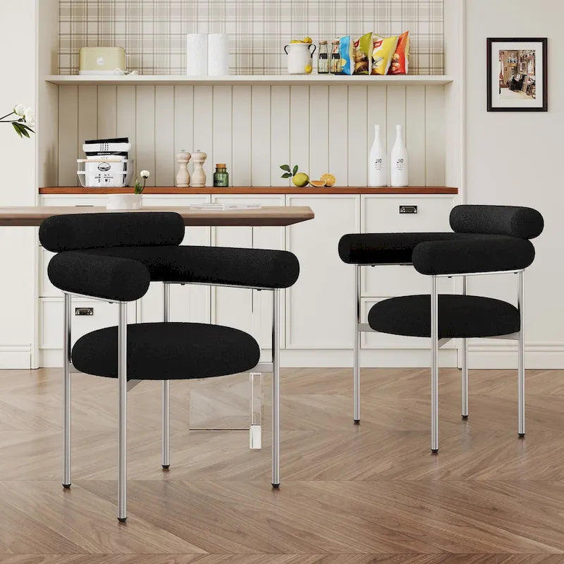 Sedie da pranzo con braccioli imbottite e gambe in metallo (set da 2), nere